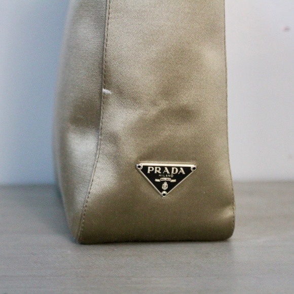 Vintage Late 1990s Prada Taupe Satin Handbag with Black Composite Handles - Picture 4 of 11